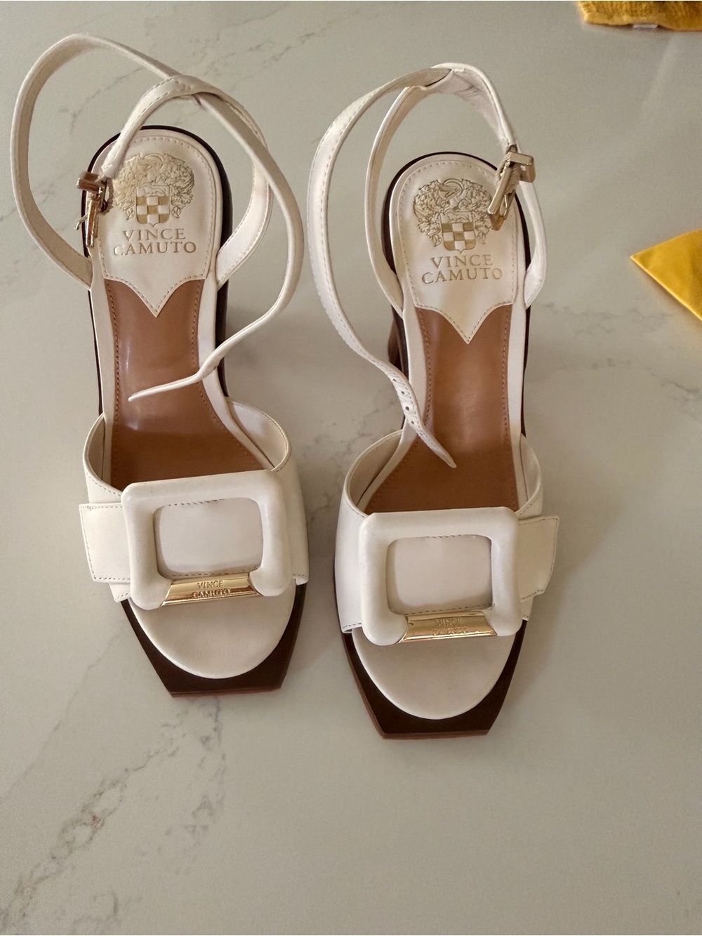 Vince Camuto White Leather Buckle Block Heel Sandals with Gold Accent